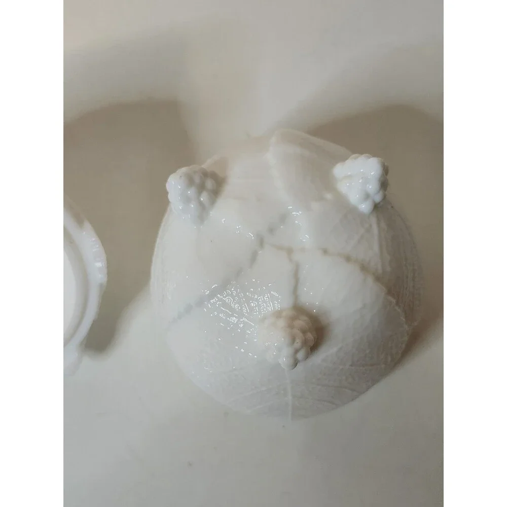 Vintage 6.5” Fostoria Milk Glass Grape Leaf Footed Candy Lidded Jar Dish